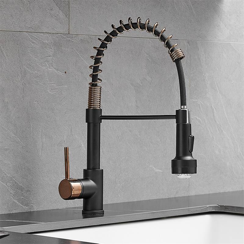 Single Handle Pull Down Kitchen Faucet Modern Commercial Kitchen Sink Faucets with Sprayer Matte Black & Rose Gold