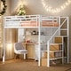 preview thumbnail 2 of 14, Full Size Loft Bed with Storage Wardrobe and Staircase, Kids Metal Bed with Desk, Storage Shelves,White