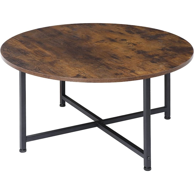 Modern Round Industrial Coffee Table with Rustic Brown Wood Top - 31.5"L x 31.5"W x 15.9"H