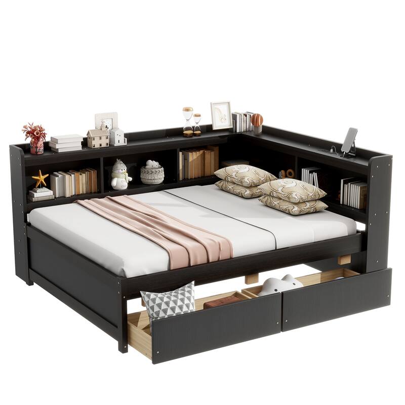Wooden Platform Sofa Bed Frame with L Shaped Bookcase and Charging Station, Living Room Corner Daybed with 2 Storage Drawers