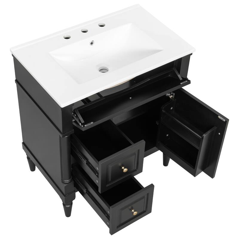 Roomfitters 30" Bathroom Vanity with Sink, Solid Wood Frame, Flip Drawer, 2 Drawers & Door Rack