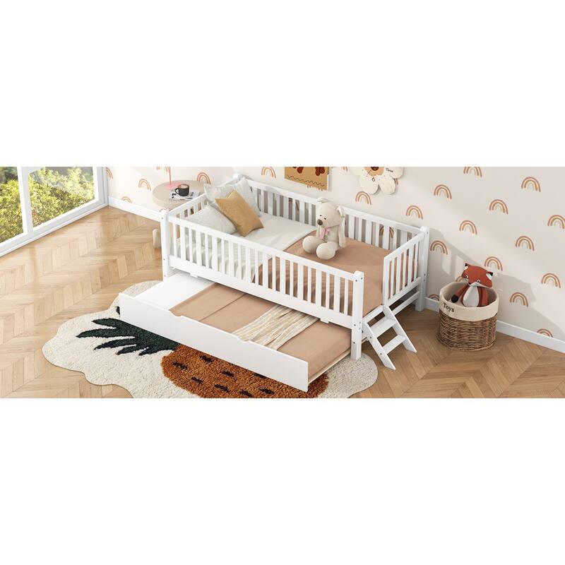 Roomfitters Twin Wood Platform Bed with Semi-Enclosed Guardrail and Trundle