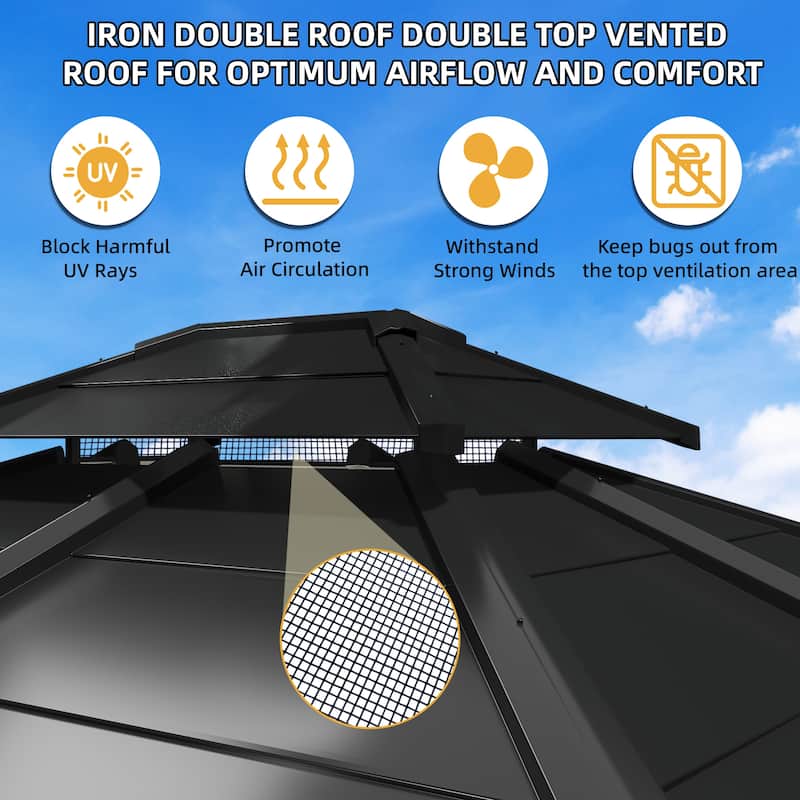 EROMMY Anti-Rust Coating Iron Hardtop Sun Shade Shelter Outdoor Canopy & Pergolas w/Curtains and Netting