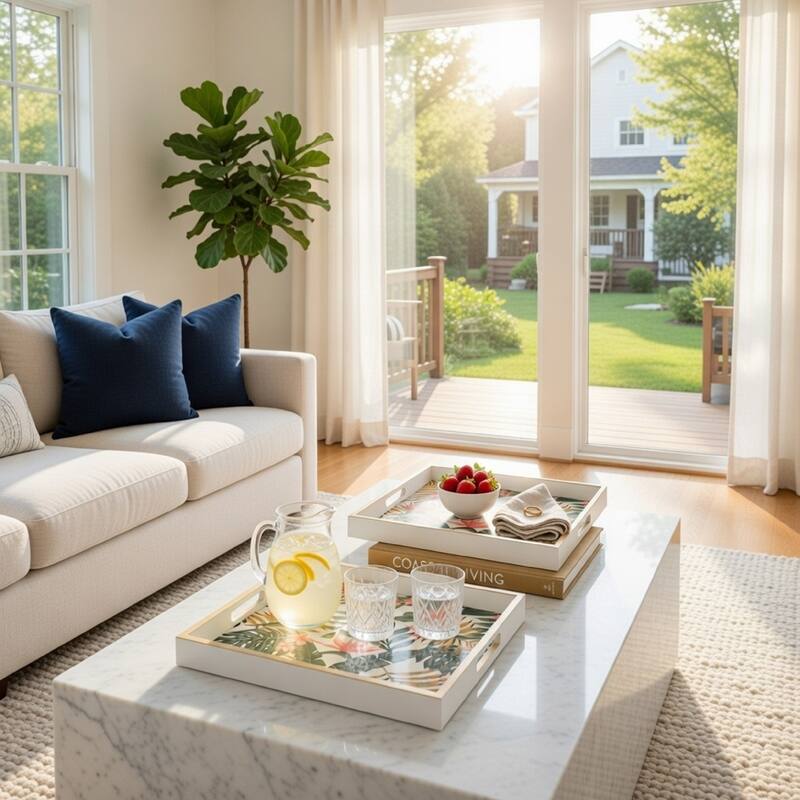 Set of 2 Decorative Trays, Crisp White MDF, Floral Printed PVC, Pink, Green