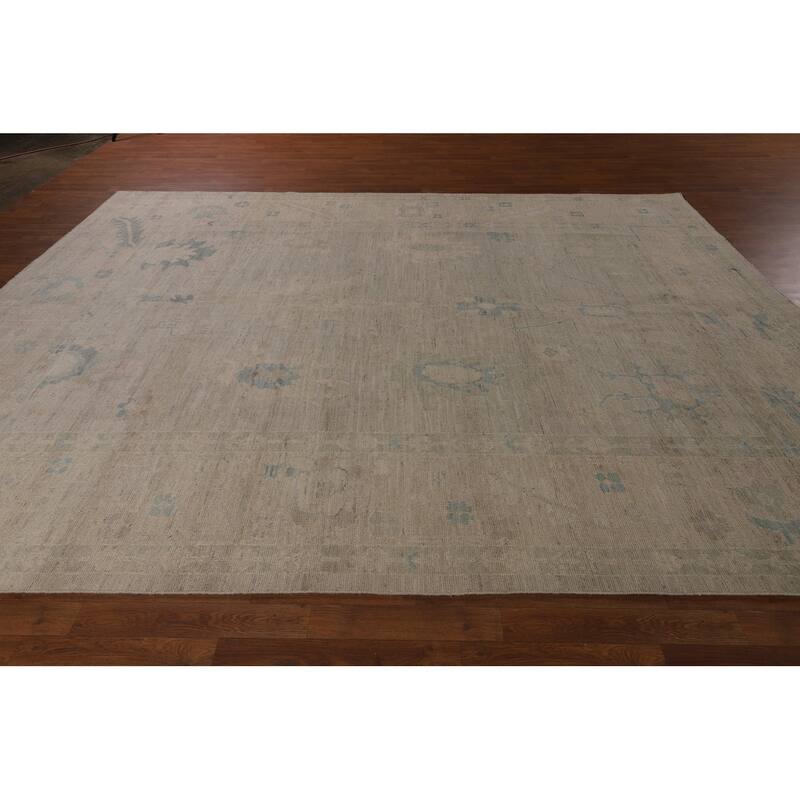 Beige Vegetable Dye Oushak Turkish Rug Hand-Knotted Floral Wool Carpet - 8'11"x 11'7"