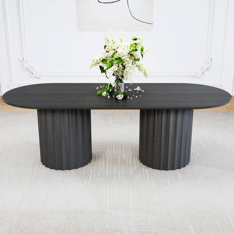 86" Modern Oval Dining Table Set with 8 Upholstered Chairs Black Textured Wood Top & Dual Cylindrical Pedestal Base