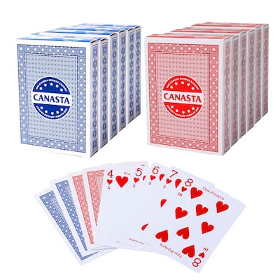 GSE™ 12-Deck Canasta Playing Cards with Point Values, Included Canasta and Hand & Foot Card Game Rules - 6 Blue & 6 Red