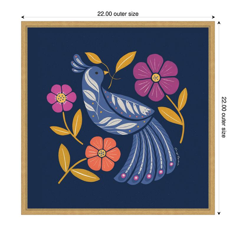 Kate and Laurel Sylvie Boho Folk Art Bird Blue and Gold Framed Canvas by Carey Copeland