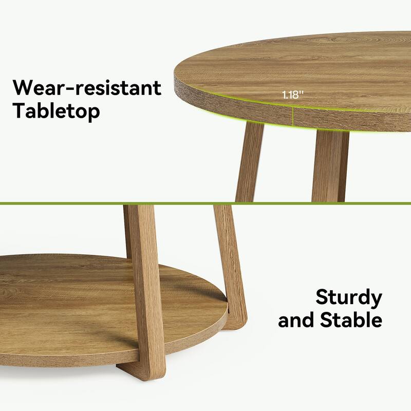2-Tier Round Coffee Table with Storage, Wood Center Table, Side Table for Living Room, Bedroom
