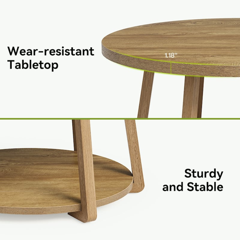 Round Coffee Table, 2-Tier Center Table with Storage, Wooden Legs