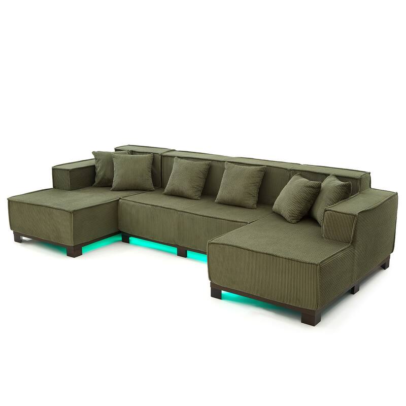 Modern U-Shaped Sectional Sofa Set Stripe Corduroy Upholstered Sofa with Light Strip and 6 Pillows