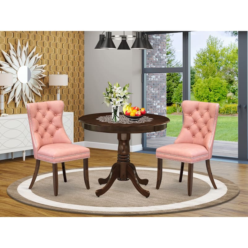 East West Furniture Dining Set Contains a Round Kitchen Table and Upholstered Chairs, Antique Walnut (Pieces Options) - ANDA3-AWA-23