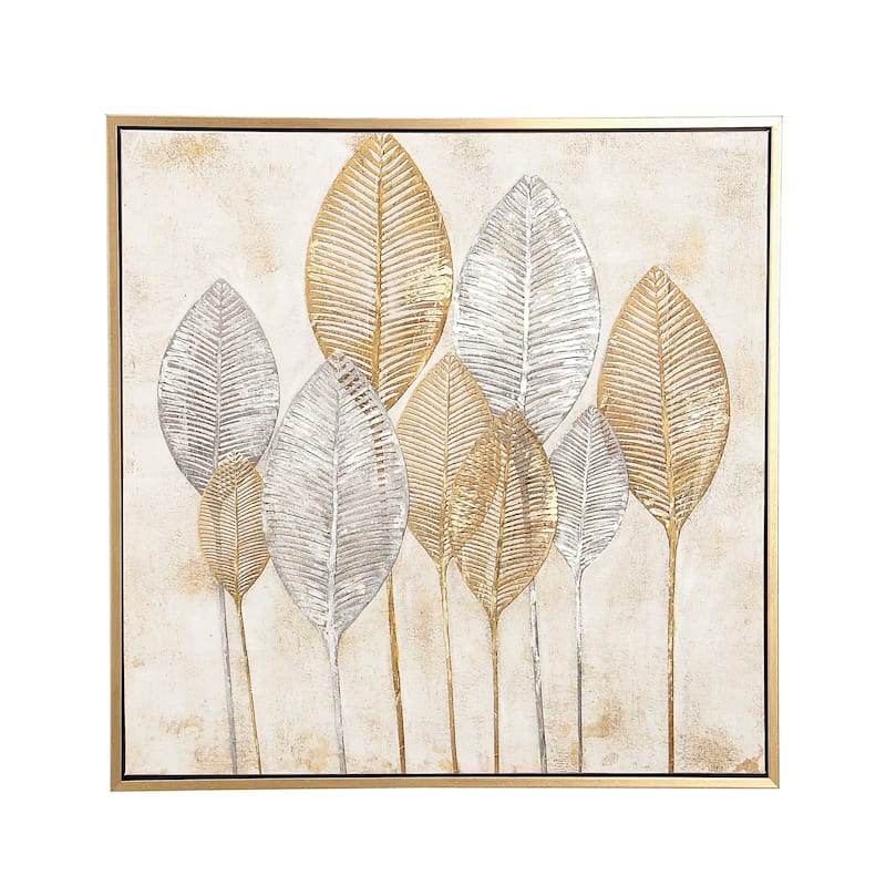 Canvas Leaf Framed Wall Art with Silver Accents and Gold Frame - Gold or White - CosmoLiving by Cosmopolitan