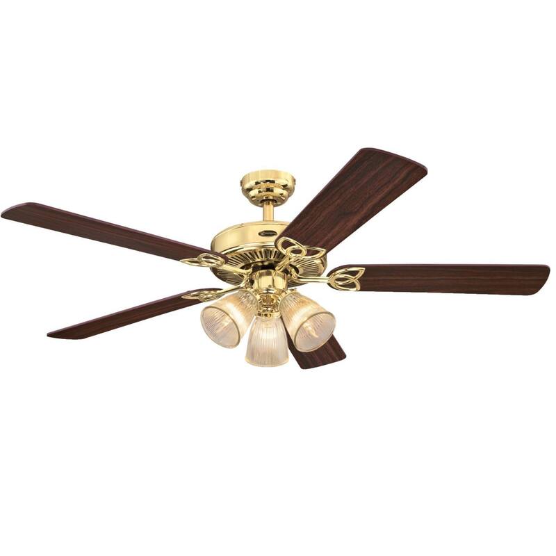 Westinghouse Lighting Vintage 52-Inch Indoor 5-Blade Ceiling Fan, Dimmable LED Light with Clear Ribbed Glass - Polished Brass