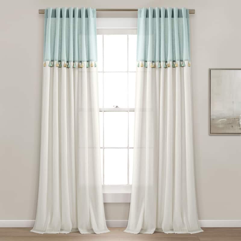 Lush Decor Boho Faux Linen Tassel Color Block Window Curtain Panel - Blue/Off White - 84" x 42"