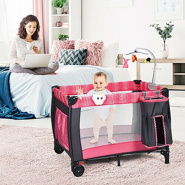 costway foldable travel baby playpen crib infant bassinet bed mosquito