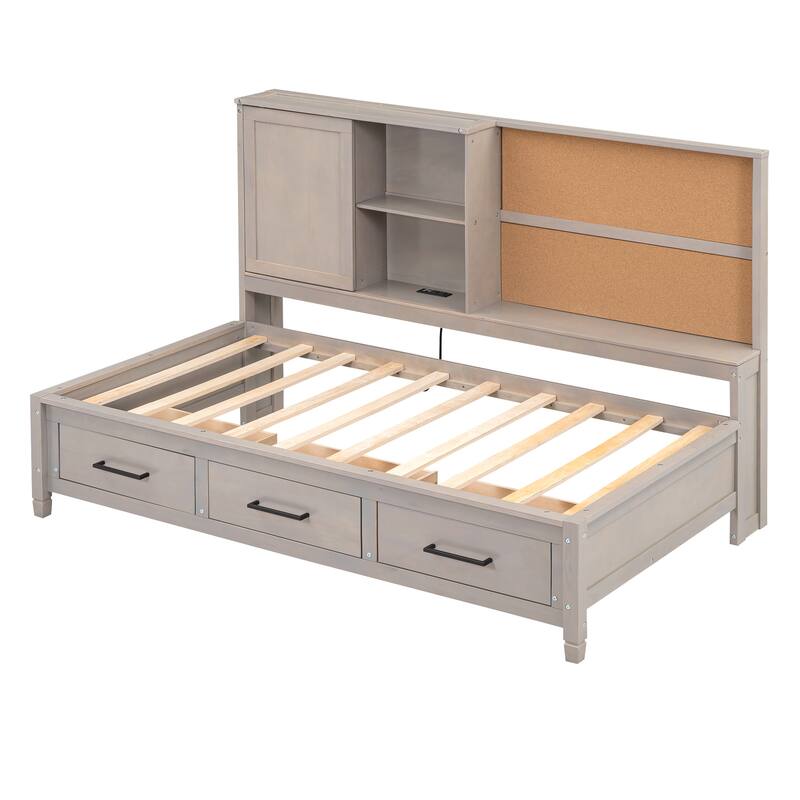 Twin Size Lounge Platform Daybed Frame with Storage Shelves, USB Ports and 3 Drawers, Practical and Stylish Bedroom Furniture