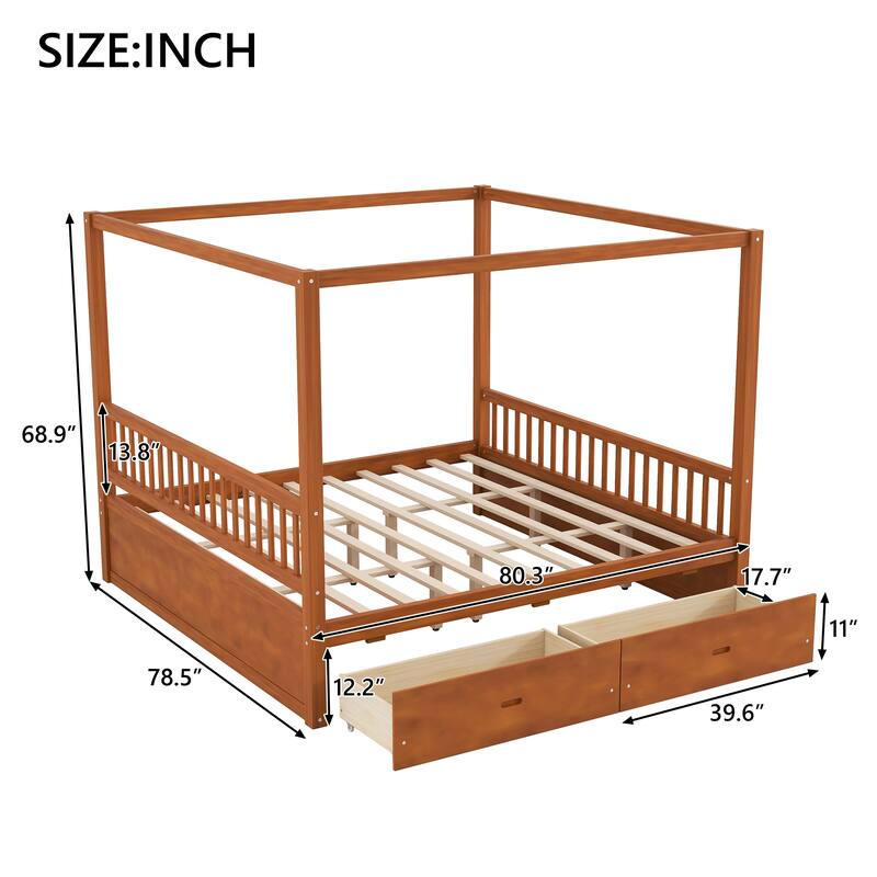 Roomfitters Queen/King Wooden Canopy Bed with 2 Storage Drawers, Solid Wood Frame, Walnut