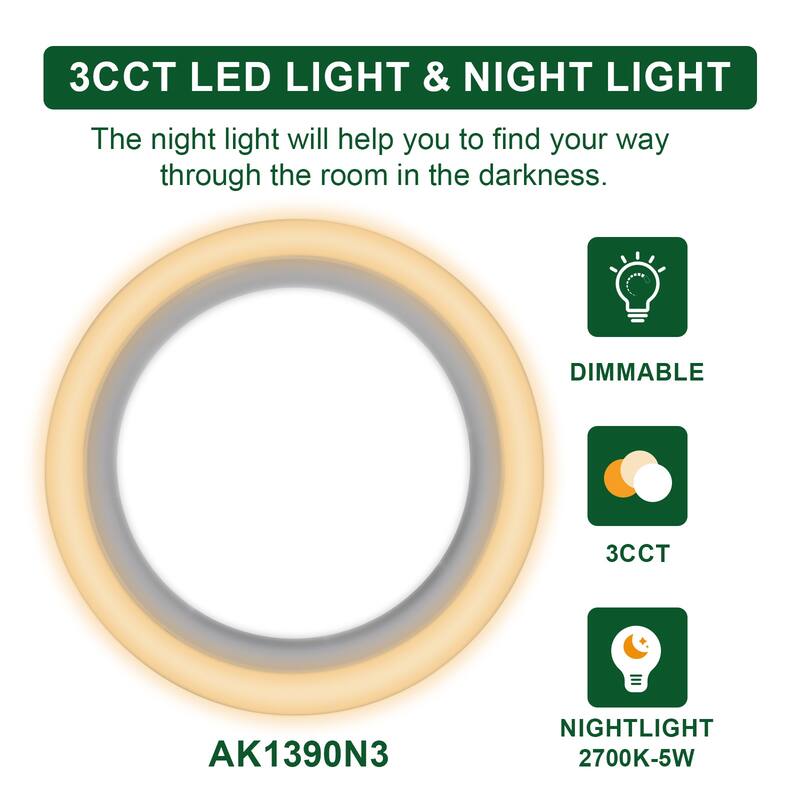 Akicon Bathroom Fan with Light, 90 CFM, 1.5 Sones Exhaust Fan,18W Dimmable 3CCT LED Light with 5W Night Light - N/A