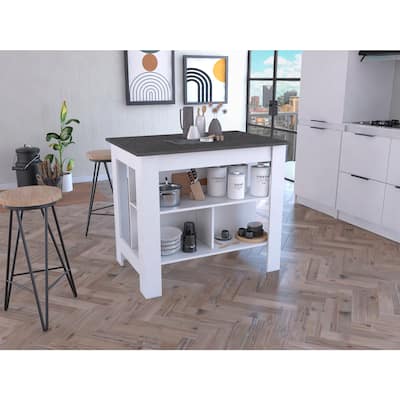 Two-Tone Kitchen Island with Large Tabletop, Open Shelves, and Legroom Workstation for Meal Prep or Display