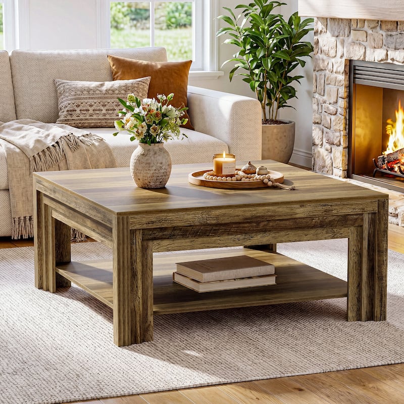 39 Inch Square Coffee Table, Rustic Farmhouse Center Tea Table