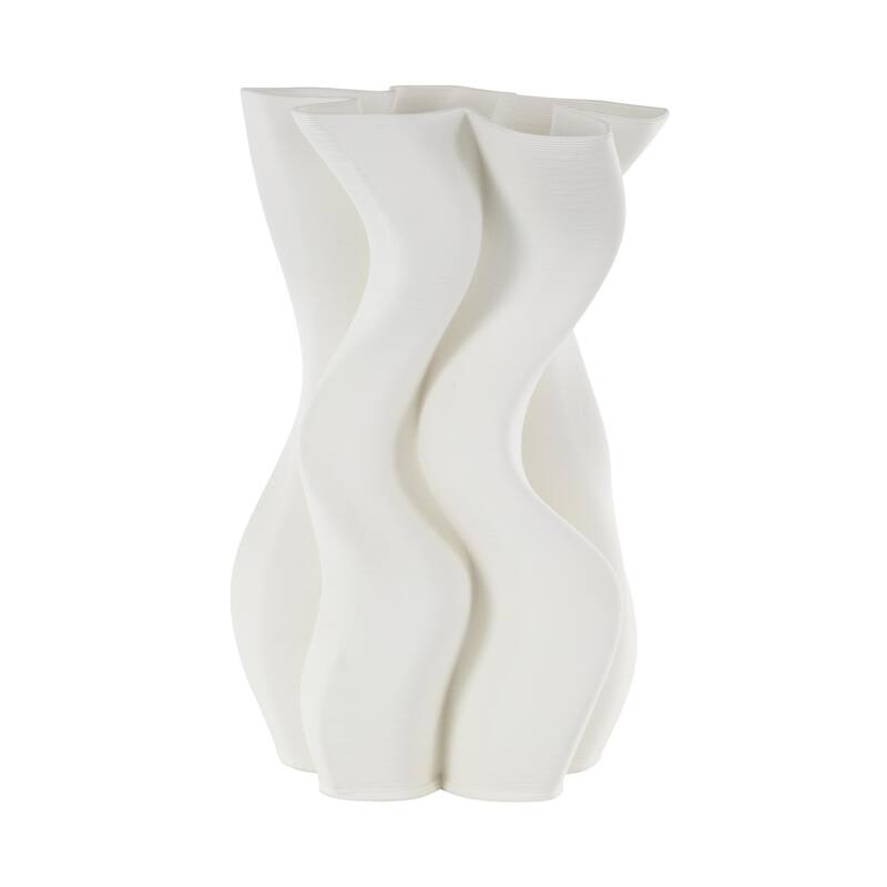 Ceramic Abstract Ribbed Dimensional Wavy Decorative Vase with Floral Shaped Rim - White - Roche River Decor