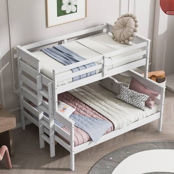 slide 2 of 47, Solid Wood Bunk Bed with Ladder and Fence for Kids Twin over Full - White