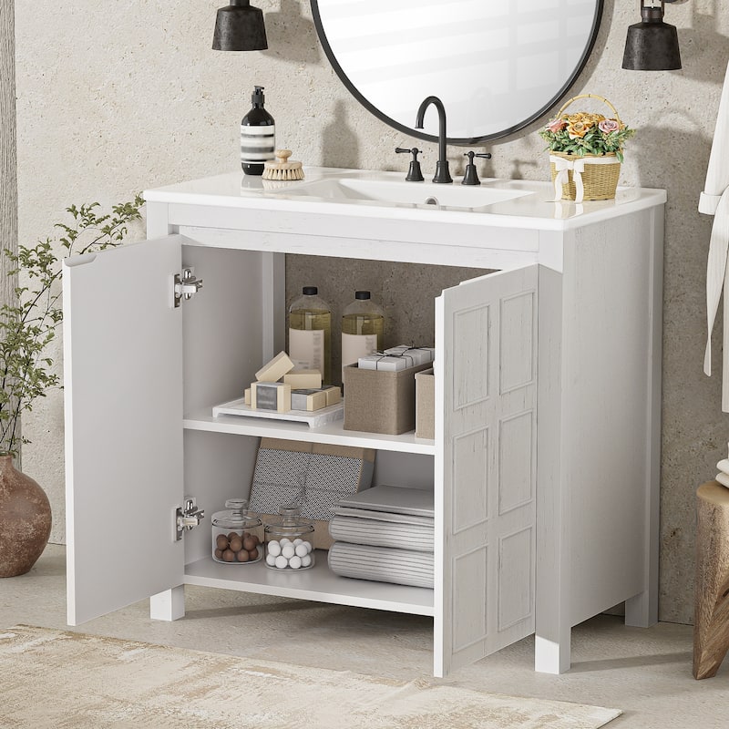 GDFStudio - Elysia Wood Bathroom Vanity with Ceramic Sink & Storage Cabinet Organizer