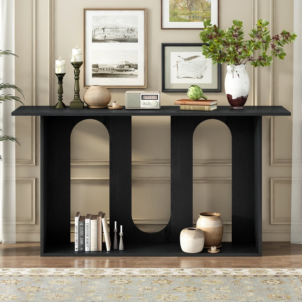 Roomfitters Modern Console Table with Arch Cutout Design, Ash Veneer Entryway Accent Table with Shelf