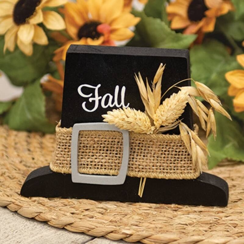 Fall Pilgrim Hat Chunky Wood Sitter Rustic Autumn Decor - 5.25" x 0.75" x 4"