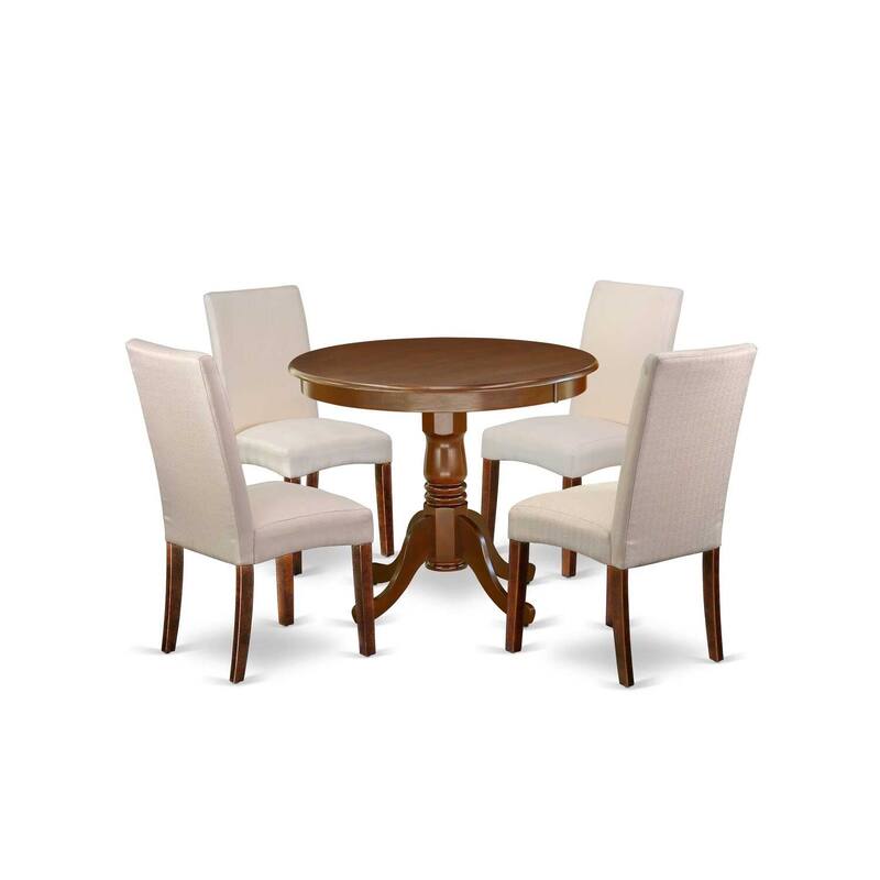 Asian Fusion Dining Set - 5Pc Round Table & 4 Chairs - Cream Linen Fabric - Mahogany Finish