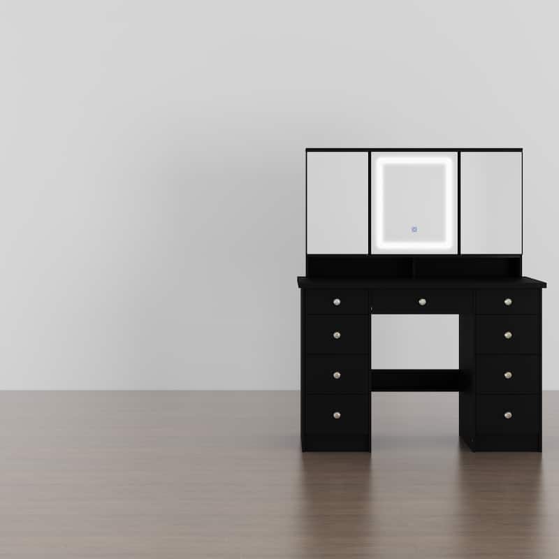 Spacious Vanity Desk with Mirrored Storage Cabinets - A Beauty Oasis