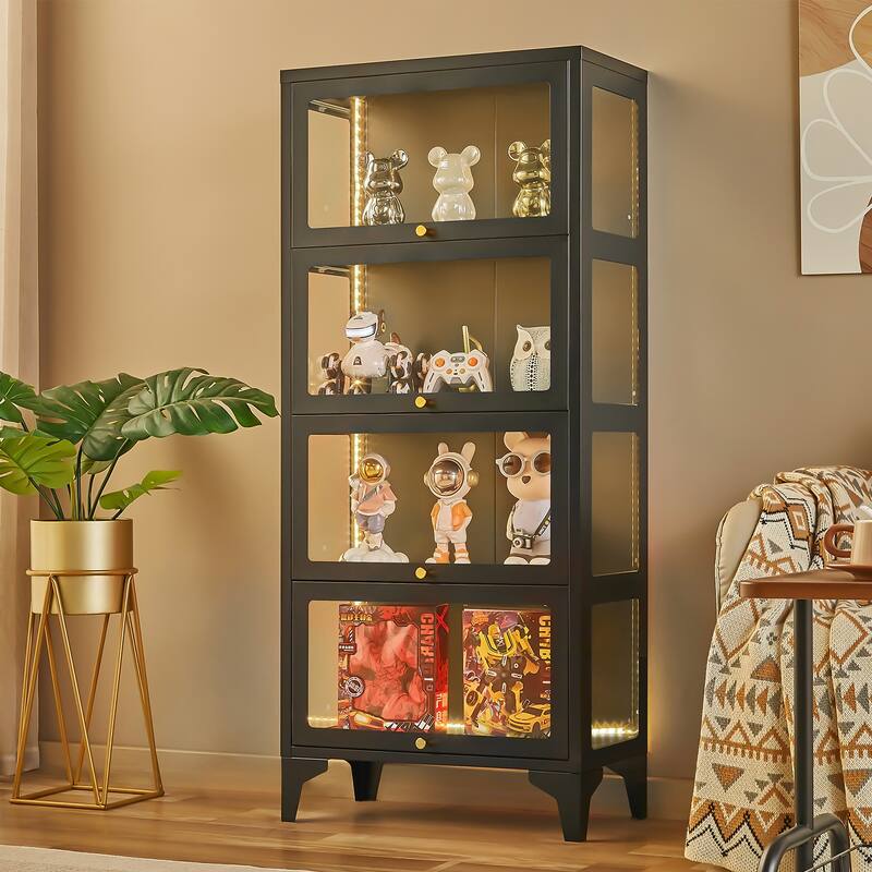 4/5-Tier Curio Display Cabinet with Glass Flip Doors & LED Light Strip