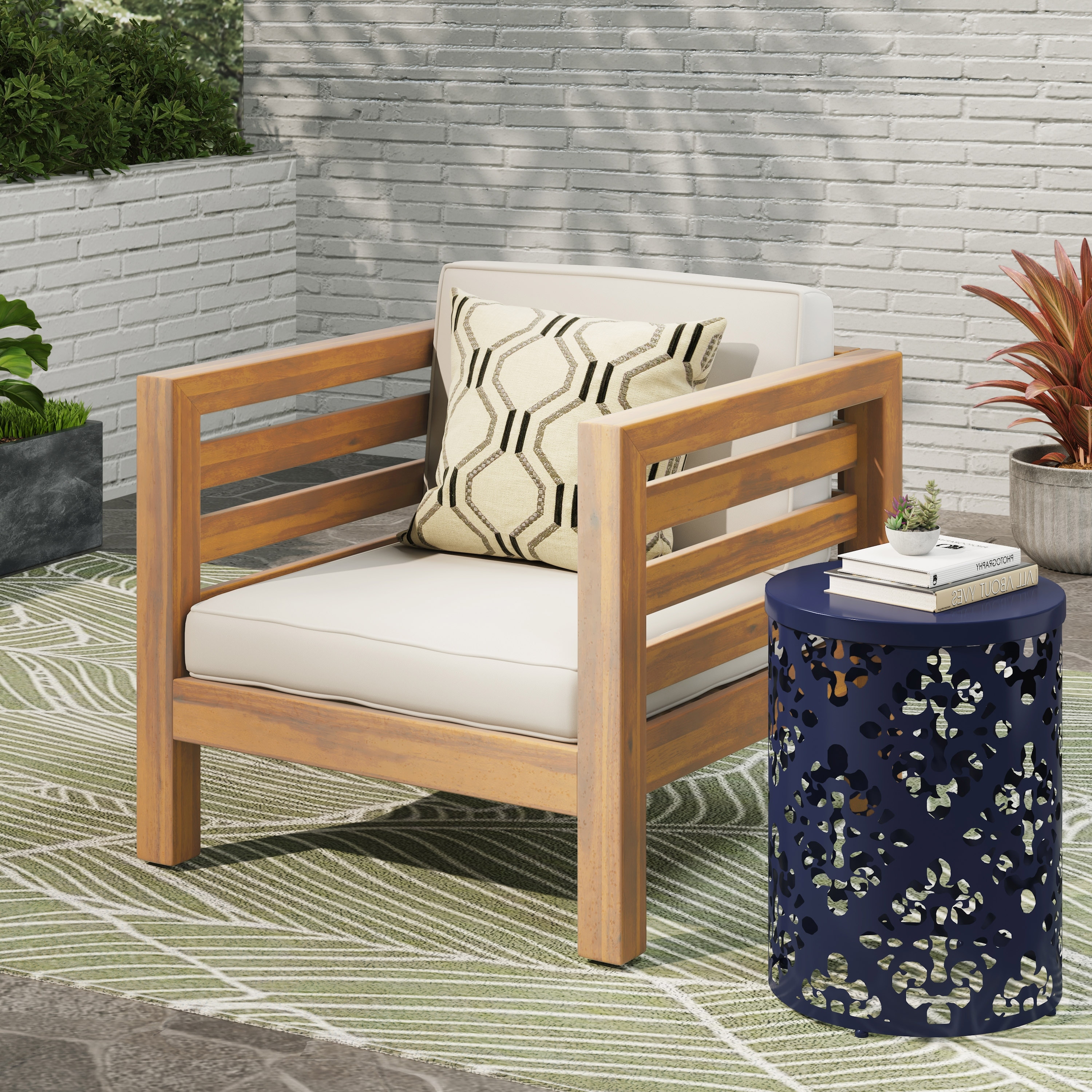 Mid-Century Modern Club Chair with Acacia Frame & Waterproof Cushions