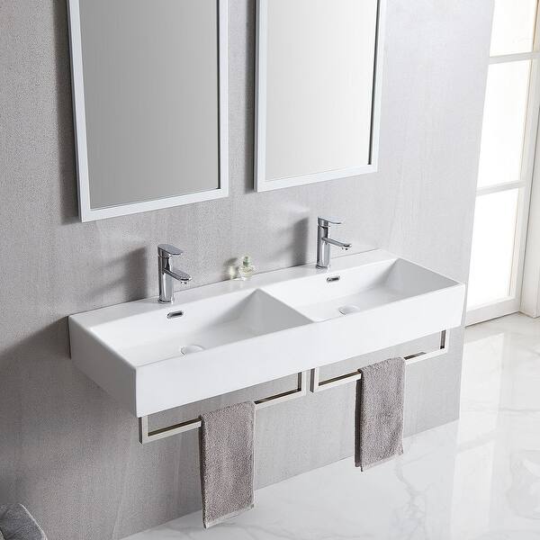 slide 2 of 9, 48-Inch Bathroom Dual Basin Trough Sink with Towel Racks - 47.8" x 16.5" x 5.7"