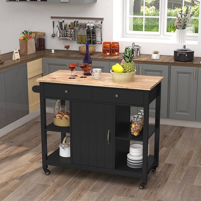 40" Kitchen Island Cart - Rubber Wood Top, Locking Wheels, Versatile Storage & Towel Rack,White