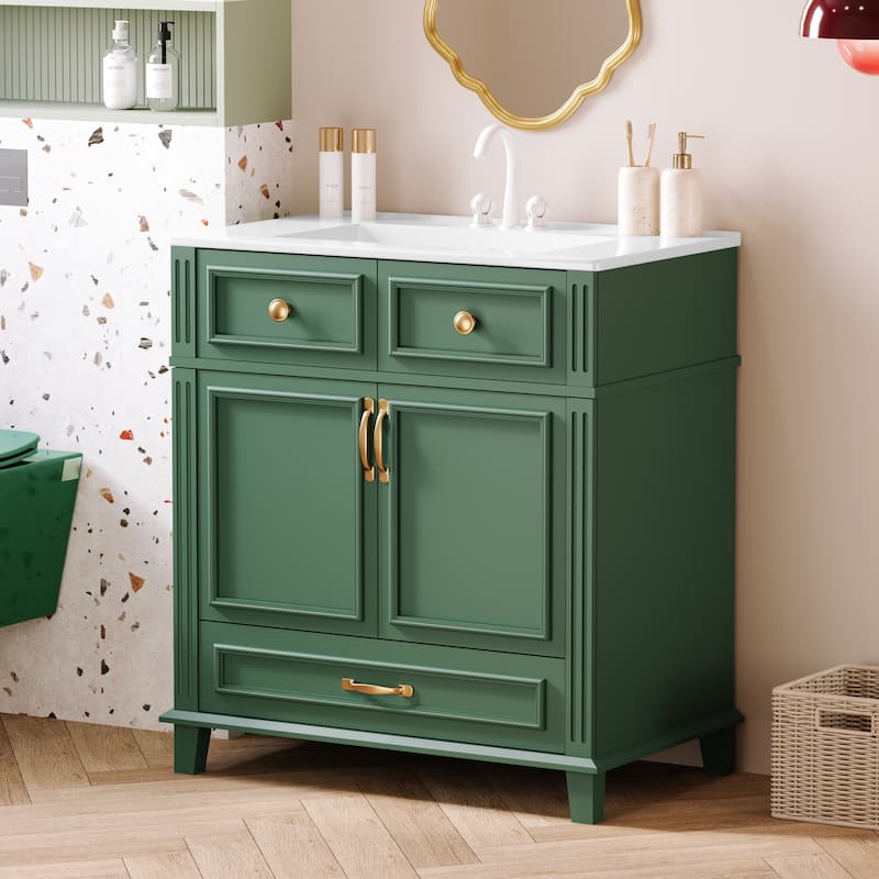 30'' Bathroom Vanity with Ceramic Sink, Solid Wood Frame Bathroom Storage Cabinet Featuring Soft-Closing Doors in a Retro Style.