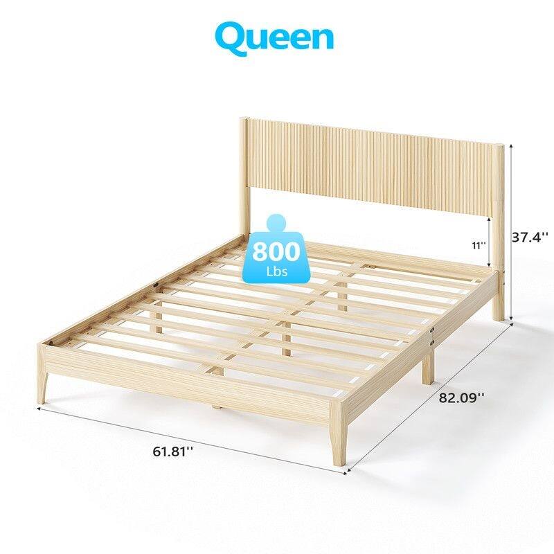 Solid Wood Twin Bed Frame Platform Bedframe with Headboard Grille Style