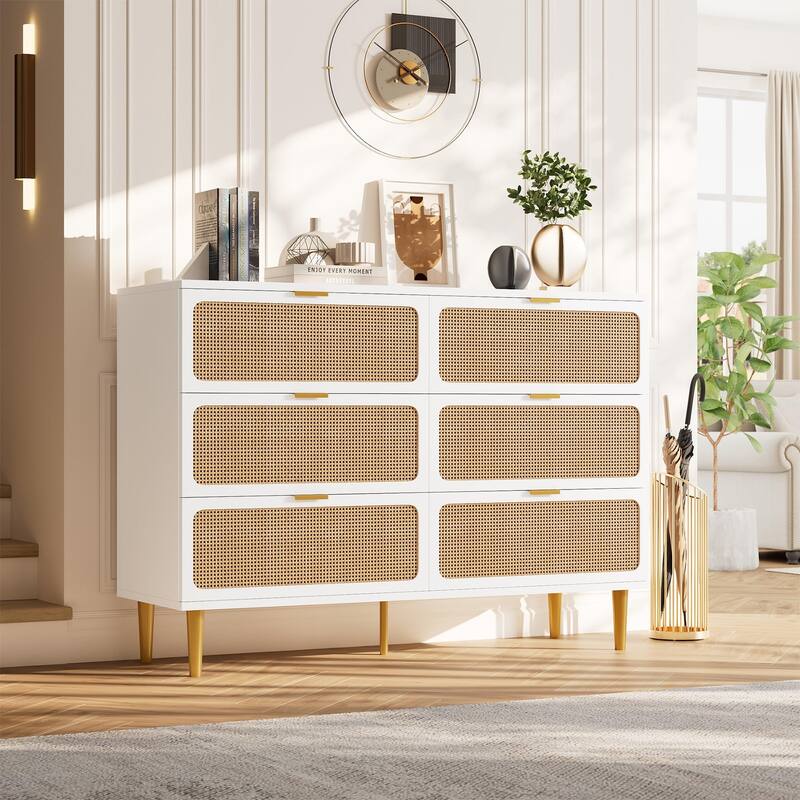 5/6 Drawer Rattan Dresser for Bedroom, Large Freestanding Wooden Chest Storage