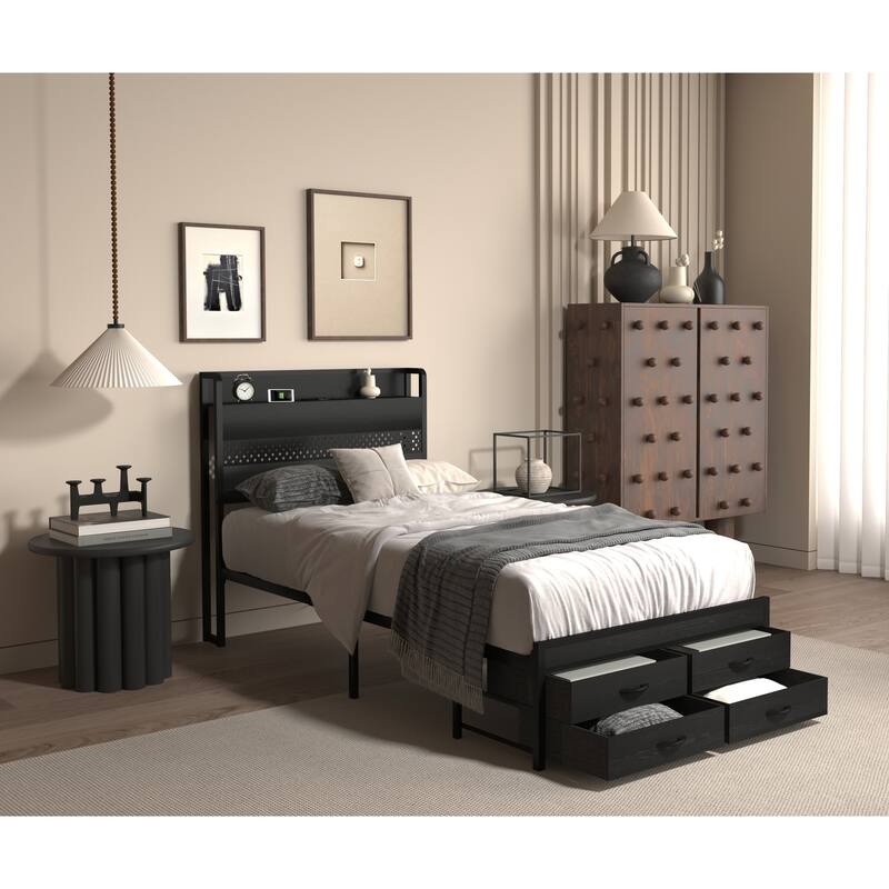 Twin Size Storage Bed with LED Lights, Charging Station & 4 Drawers - Black