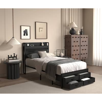 Twin Size Storage Bed with LED Lights, Charging Station & 4 Drawers