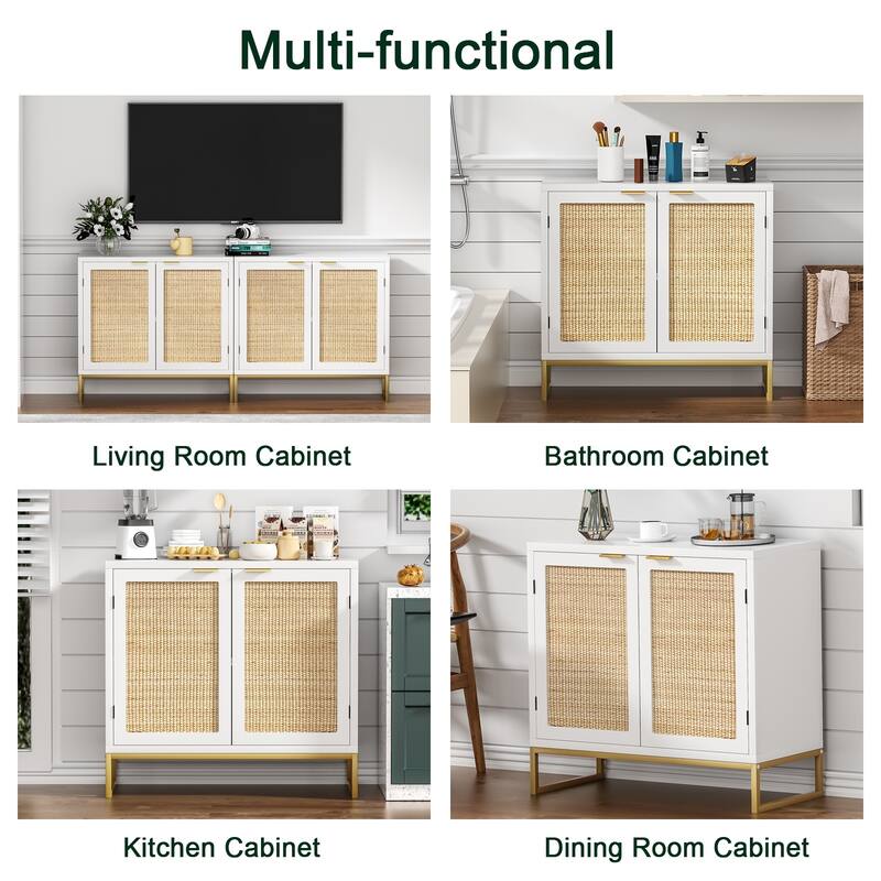 Modern 2-Door White Rattan Buffet Sideboard Wood Kitchen Accent Storage Cabinet