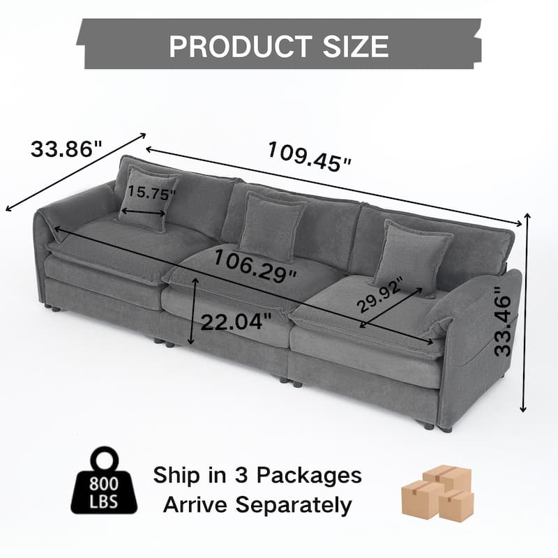 Oversized Deep Seat Sectional Sofa, Modern Chenille Cloud Couch, 3 Seater Modular Sofa with Pillows