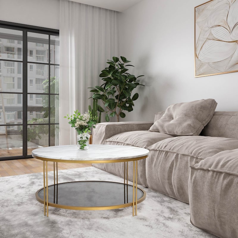 Modern Glam 36" Round Modern Cocktail Glass Coffee Table Storage Shelf with 4 Gold Cross Legs Faux Marble Veneer