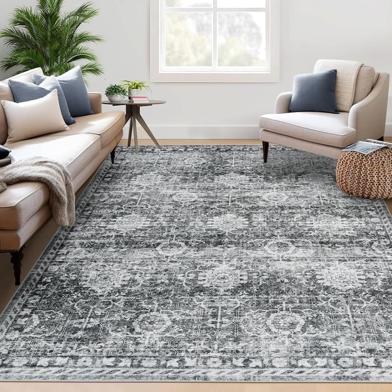 Vintage Boho Washbale Floor Cover Area Rug for Bedroom, Living Room, Black + Grey - 1'6" x 2'6"