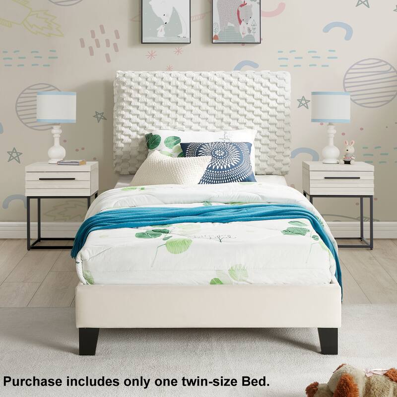 Twin Size Plush 3D Upholstered Platform Bed in White Dove with Adjustable Headboard and Sturdy Plywood Frame