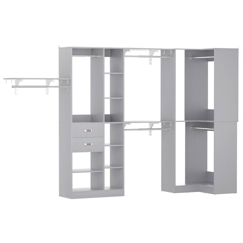 Rackcog 63’‘ - 127.5'' Closet System with Hanging Rods, Set of 2 Corner Closet Organizer with Drawers and Shelves