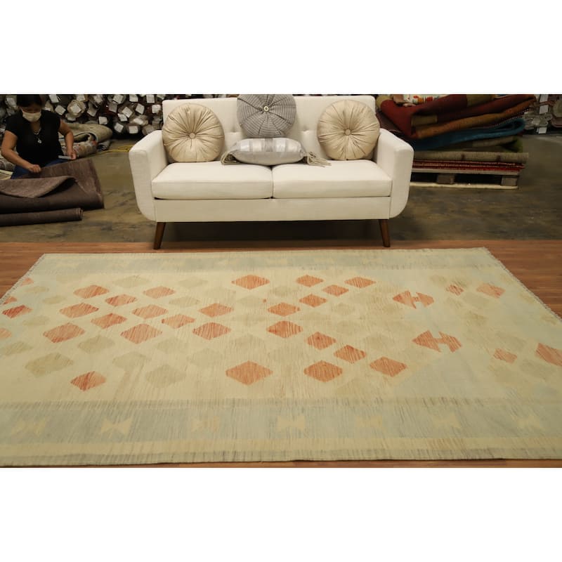 Hand Woven Oriental 100% Wool Carpet Southwestern Tribal Beige & Ivories Kilim Area Rug - 8' 8'' X 5' 10''
