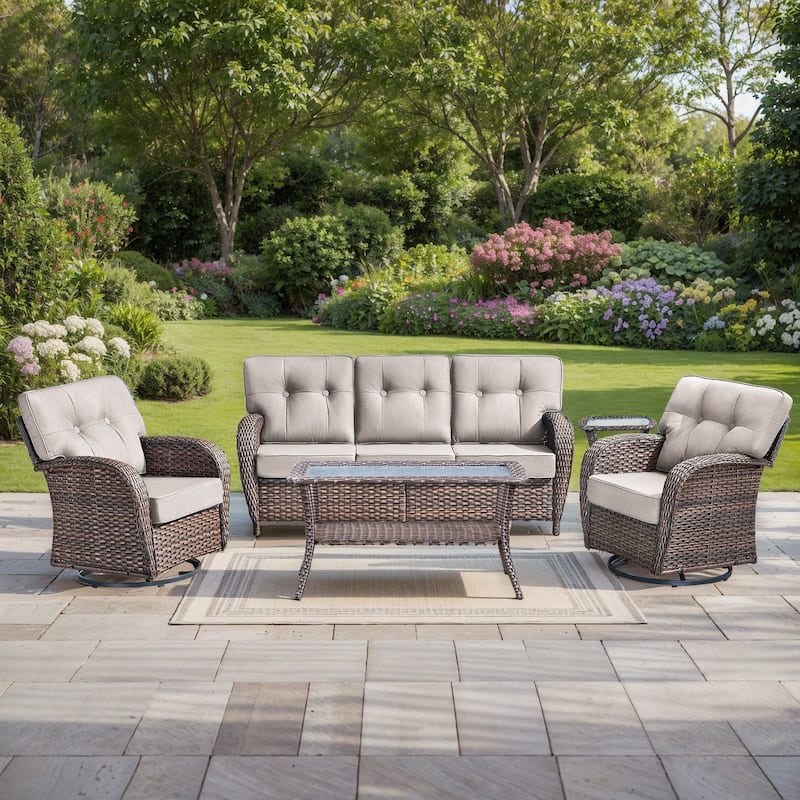 Pocassy 5 Piece Ooutdoor Sofa with Swivel Chair Table - Brown Wicker & Beige cushion