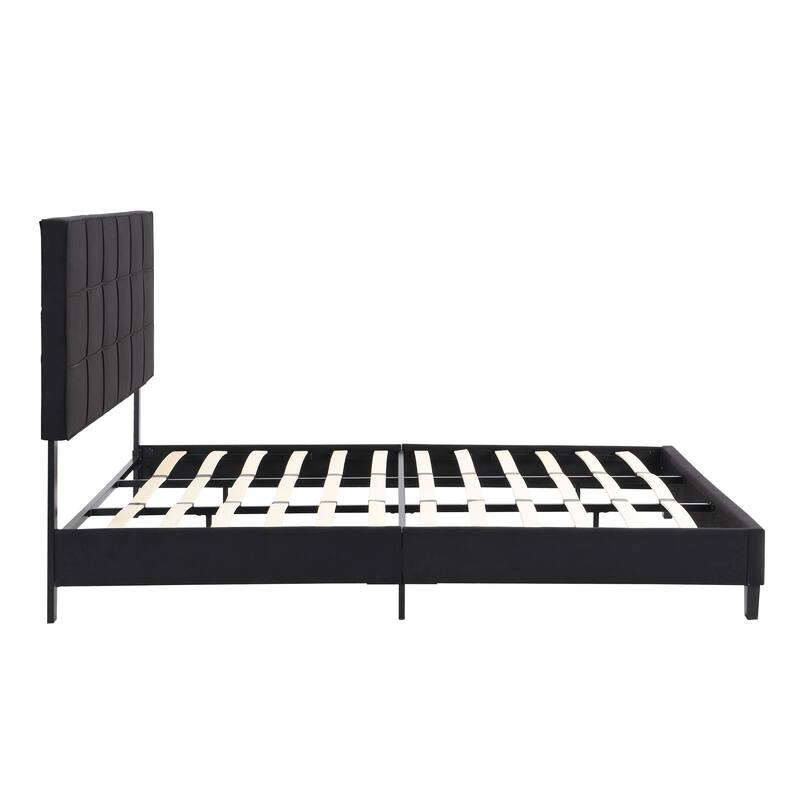 King Size Upholstered Bed Frame with Linen Headboard, Wood Slat Support, No Box Spring Needed